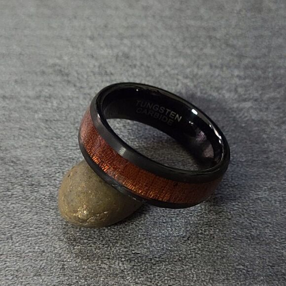 Personalized Engraved Men's Black Tungsten Wedding Ring Koa Wood Inlay - Picture 4 of 7